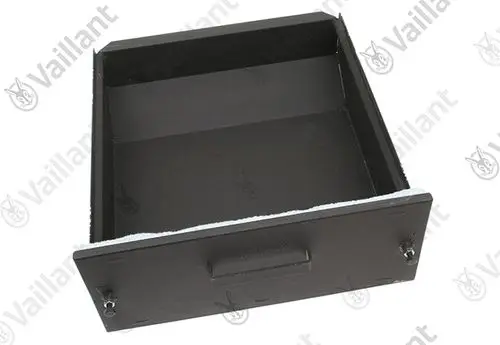 Aschekasten aus schwarzem Metall mit Griff und seitlichem Anschluss. Geeignet für Vaillant Heizsysteme. Offen und ohne Inhalt dargestellt.